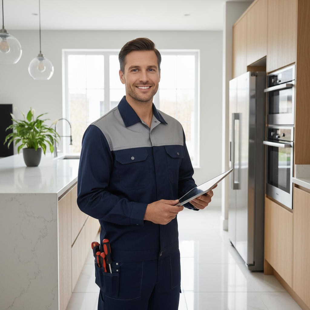 Smiling appliance repair technician in a modern kitchen